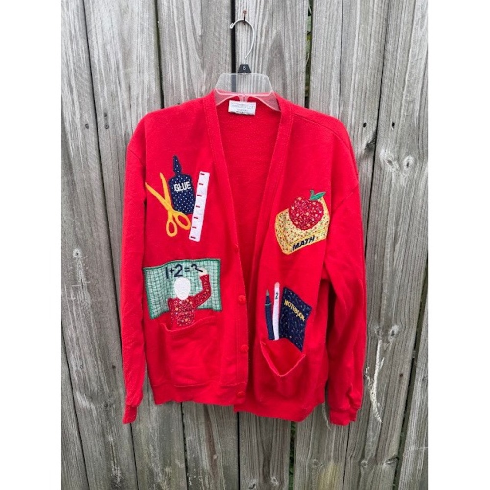 Teacher School Kidcore Sweater Loft Cardigan Small Red Novelty Applique Vintage